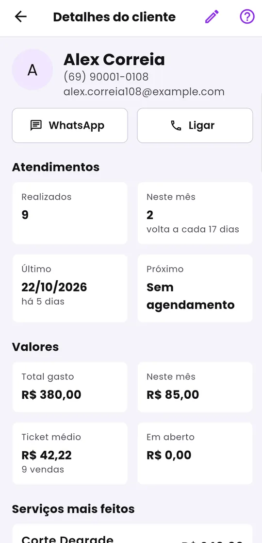 Ficha do cliente no aplicativo do Hazie