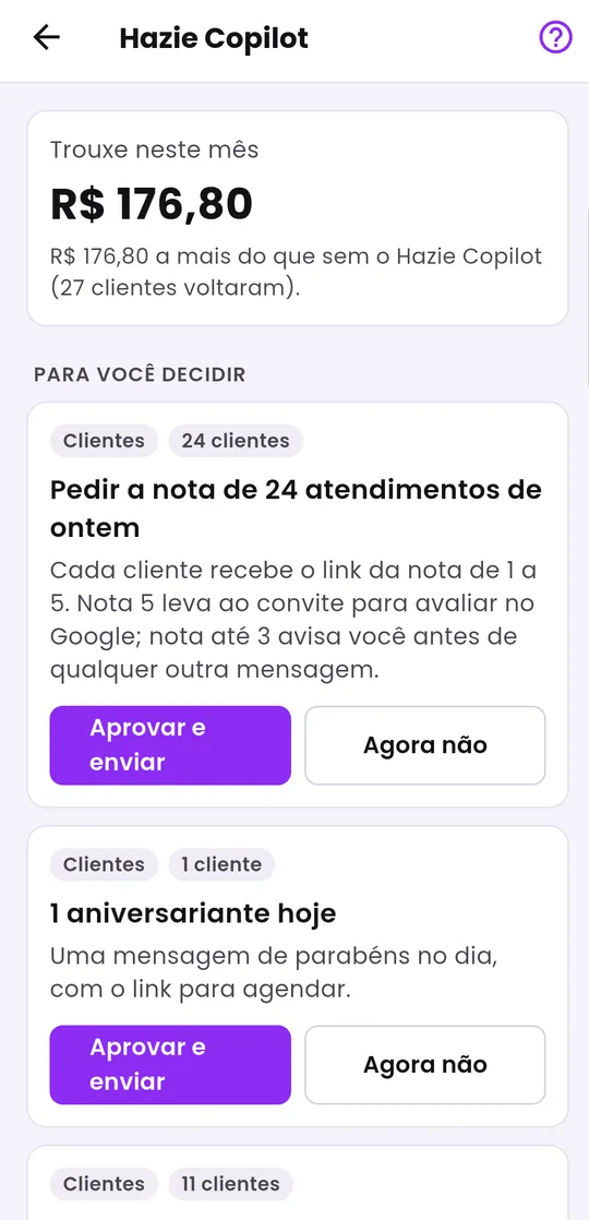 Hazie Copilot no aplicativo, com as oportunidades para aprovar
